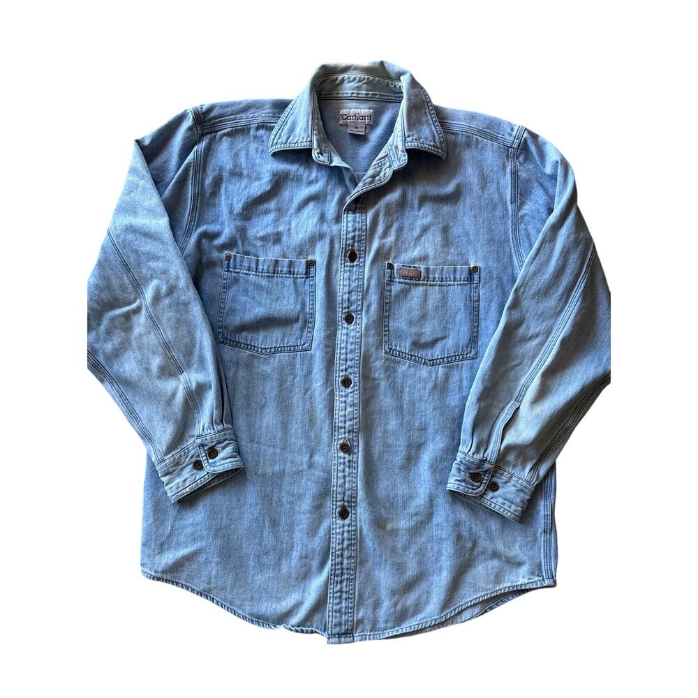 Vintage Carhartt Leather Patch Light Wash Denim Workwear Medium Button Up Shirt